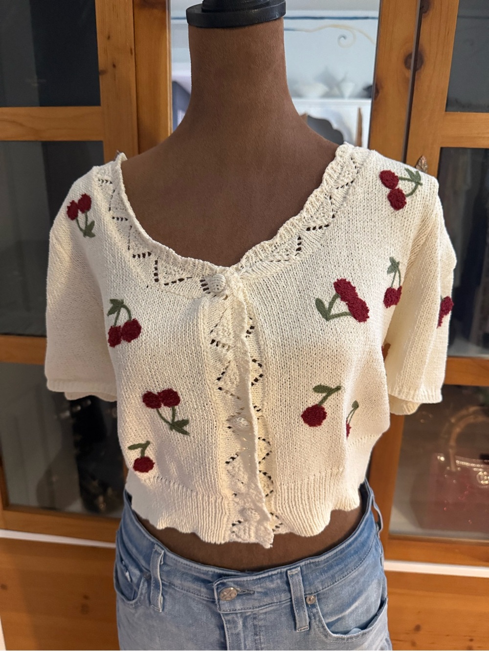 SHEIN Cream Cropped Cardigan with Red Cherry Embroidery - Women Tops